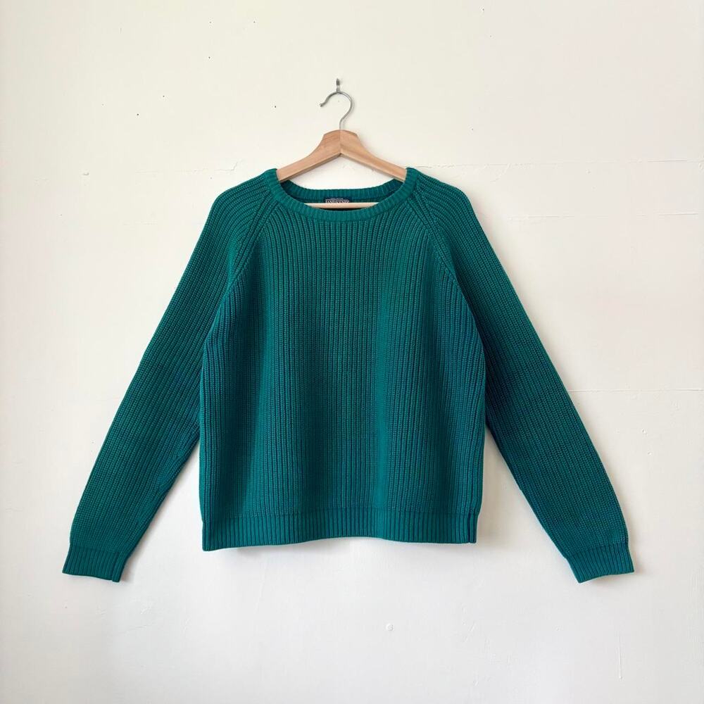 Vintage Lands End Teal Cotton Fisherman Sweater Chunky Knit Preppy Size Large